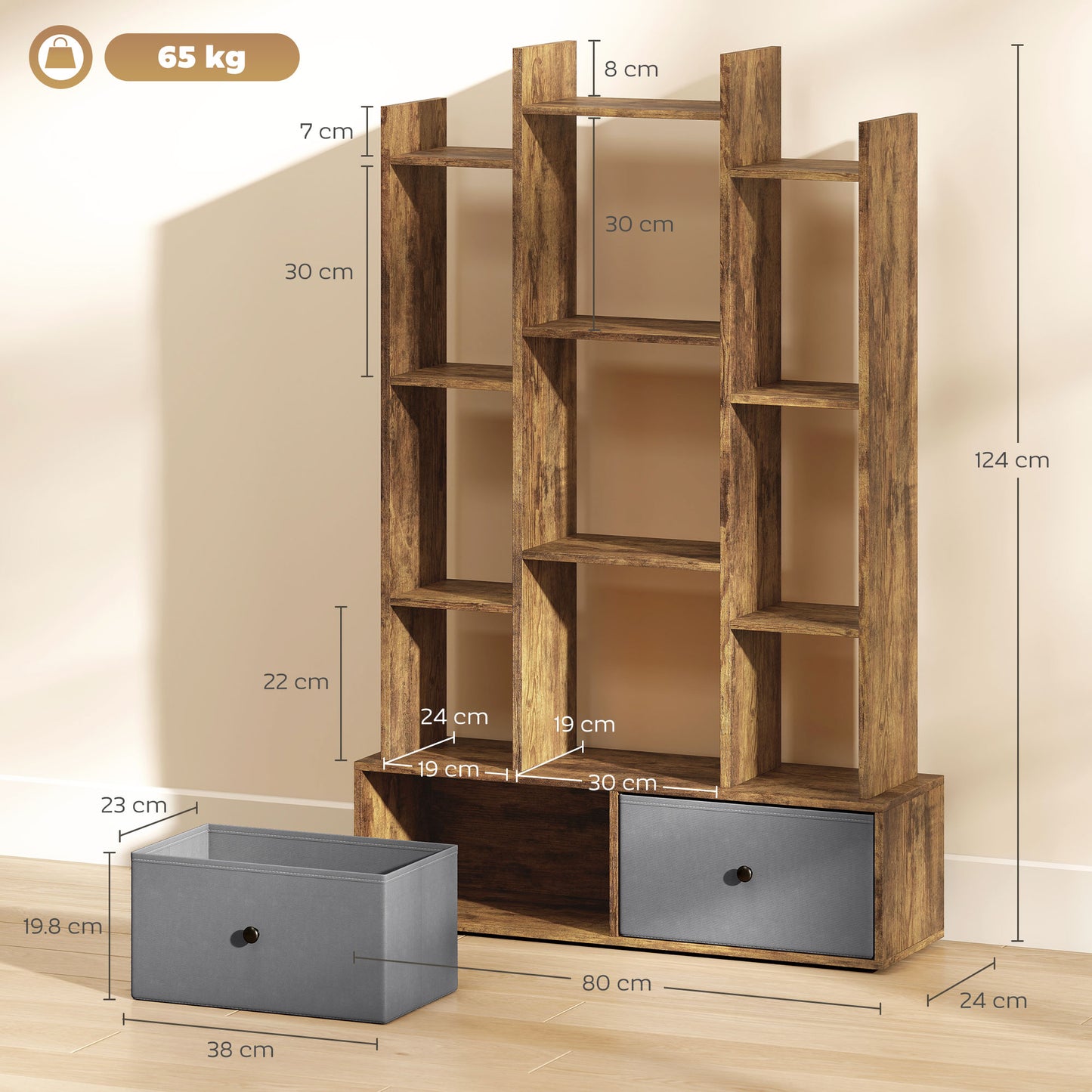 12-Tier Bookshelf, Bookcase w/ 2 Folding Drawer, Rustic Brown