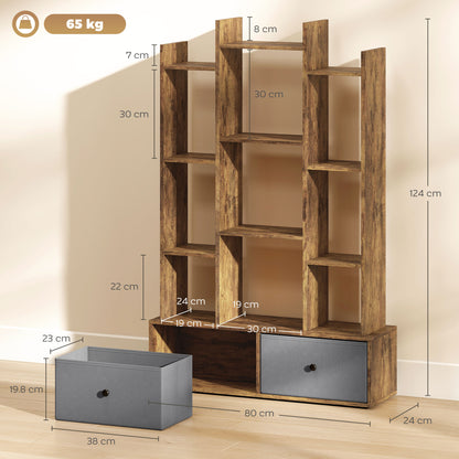 12-Tier Bookshelf, Bookcase w/ 2 Folding Drawer, Rustic Brown
