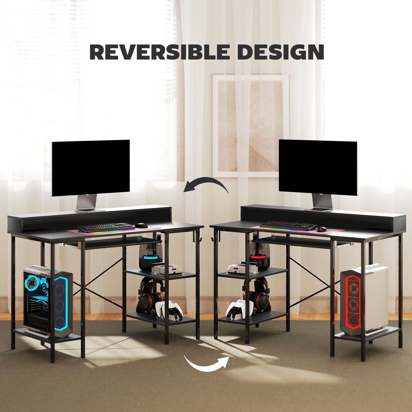 Gaming Desk with Monitor Stand and Sliding Keyboard Tray Black
