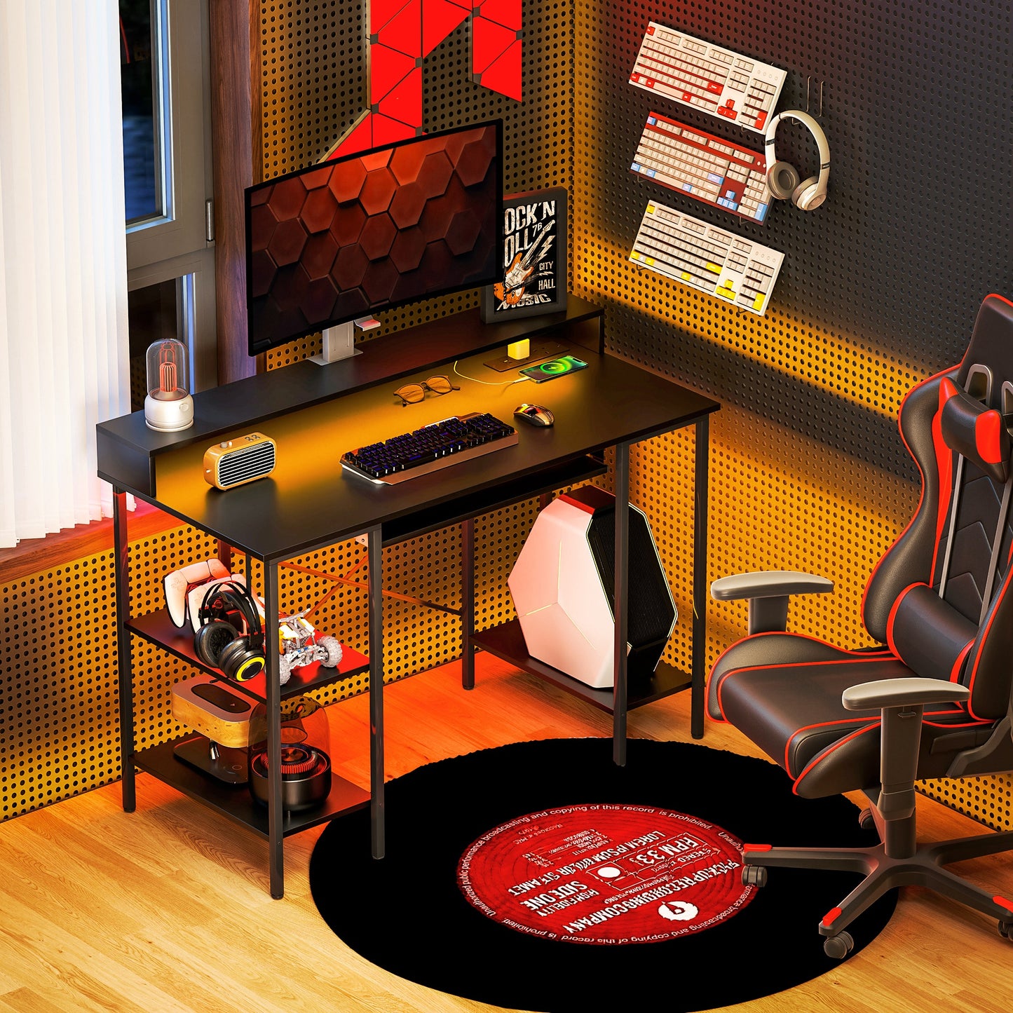 Gaming Desk with Monitor Stand and Sliding Keyboard Tray Black