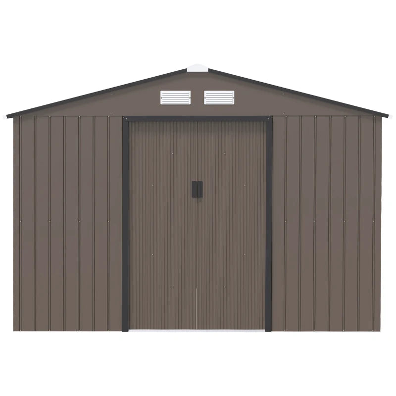 9 x 6FT Garden Metal Storage Shed Outdoor Storage Shed with Foundation Ventilation & Doors, Brown