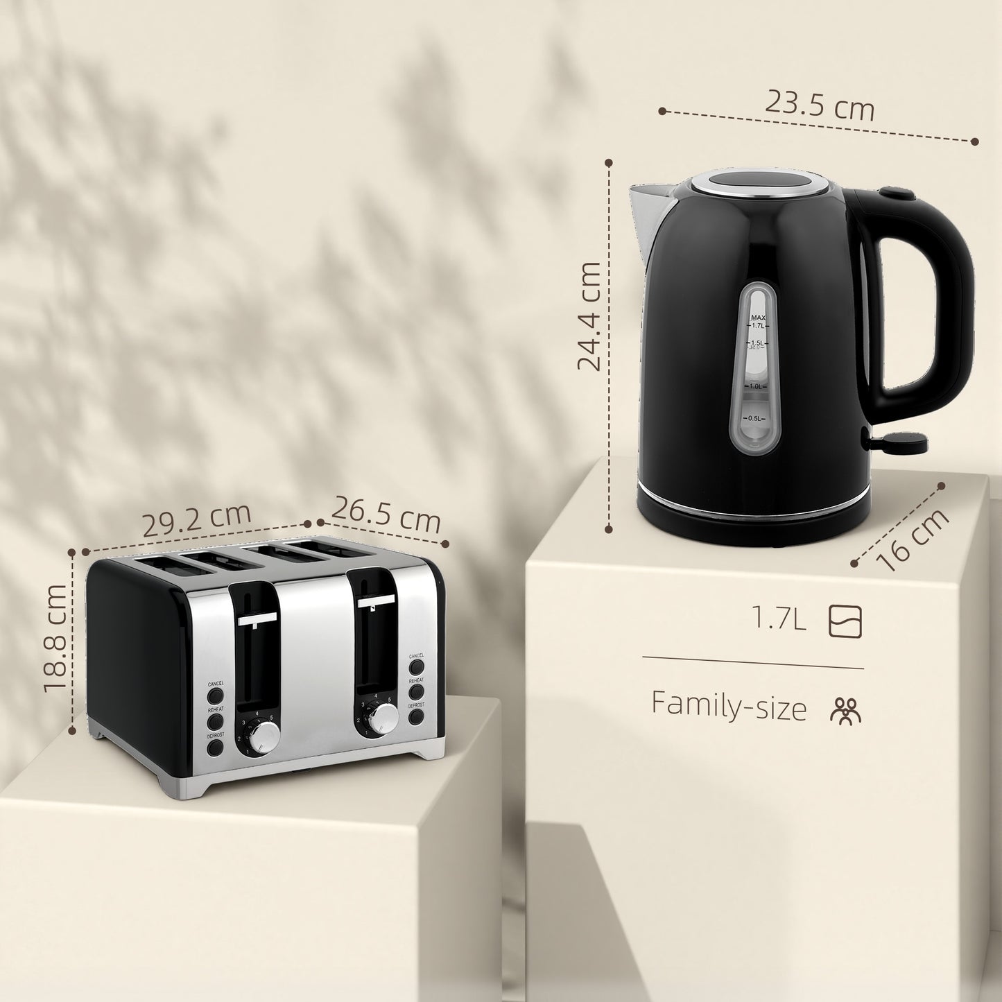 4 Slice Wide Slot Toaster and 1.7L Rapid Boil Kettle Set, Black