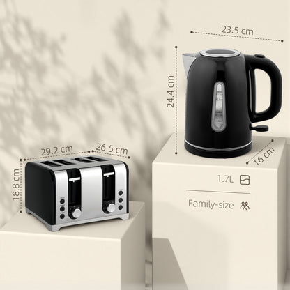 4 Slice Wide Slot Toaster and 1.7L Rapid Boil Kettle Set, Black
