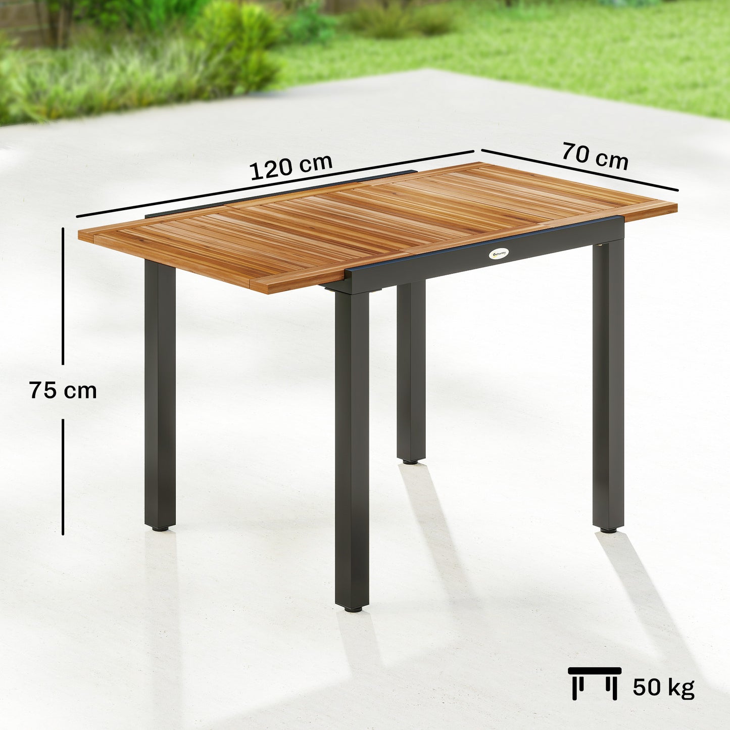 Extending Garden Table, Outdoor Dining Table for 6, Steel Frame Rectangular Patio Table with Acacia Wood Tabletop,80/120L x 70W x 75H cm