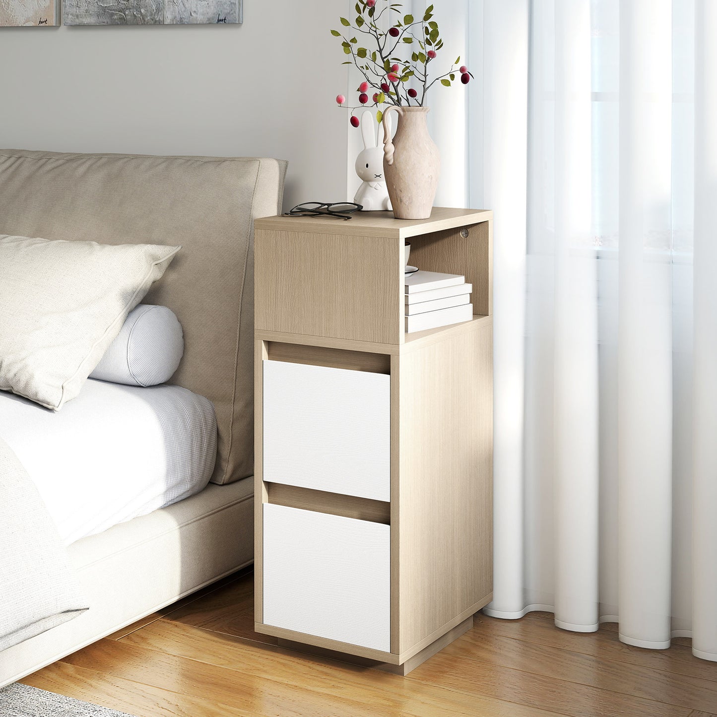 Slim Bedside Table, Bedside Cabinet with Open Shelf and 2 Drawers