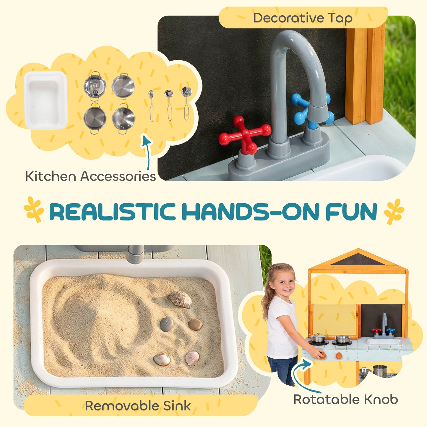 Wooden Mud Kitchen for Kids with Removable Sink, Cookware, Shelves