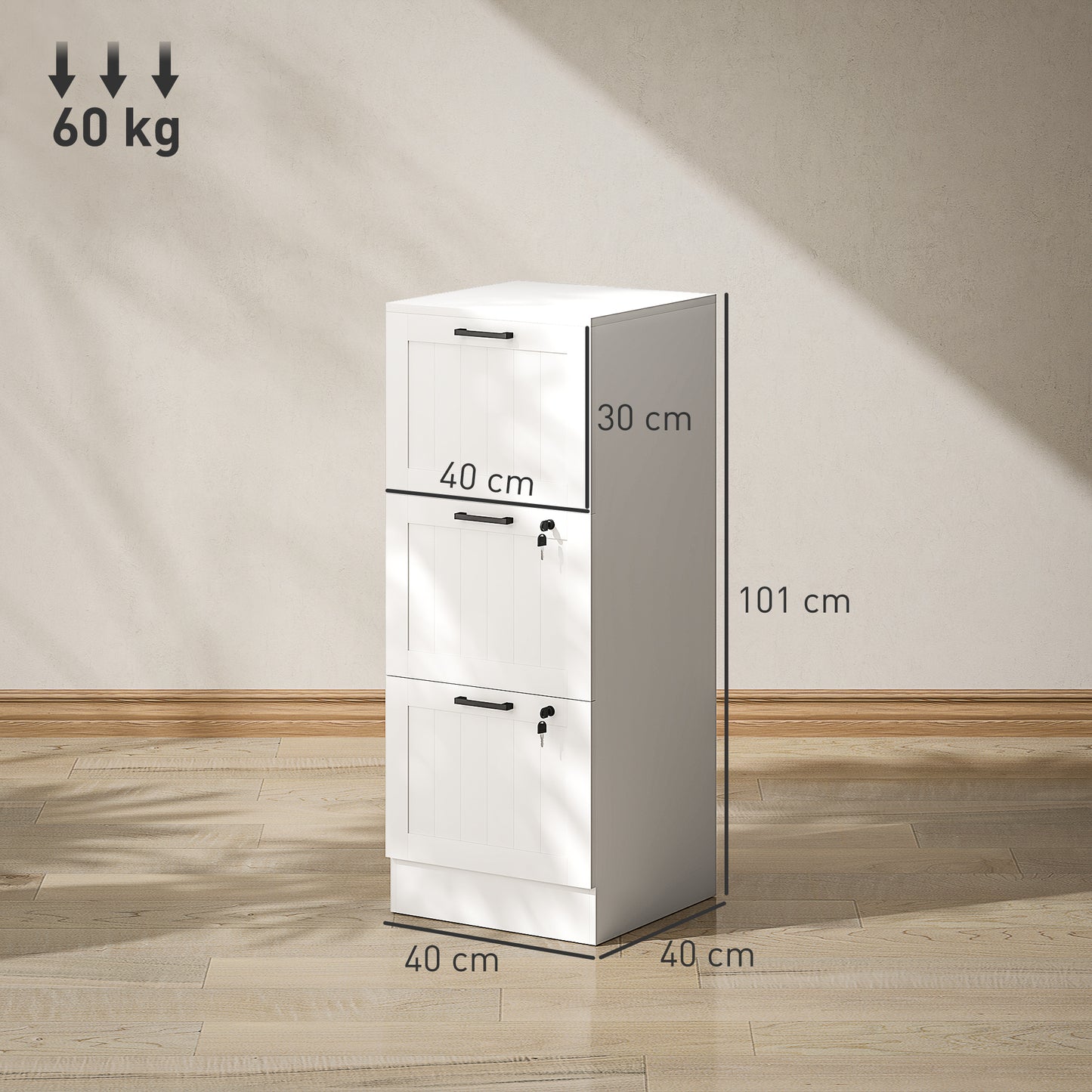 3 Drawer File Cabinet with Lock and Adjustable Hanging Bars, White