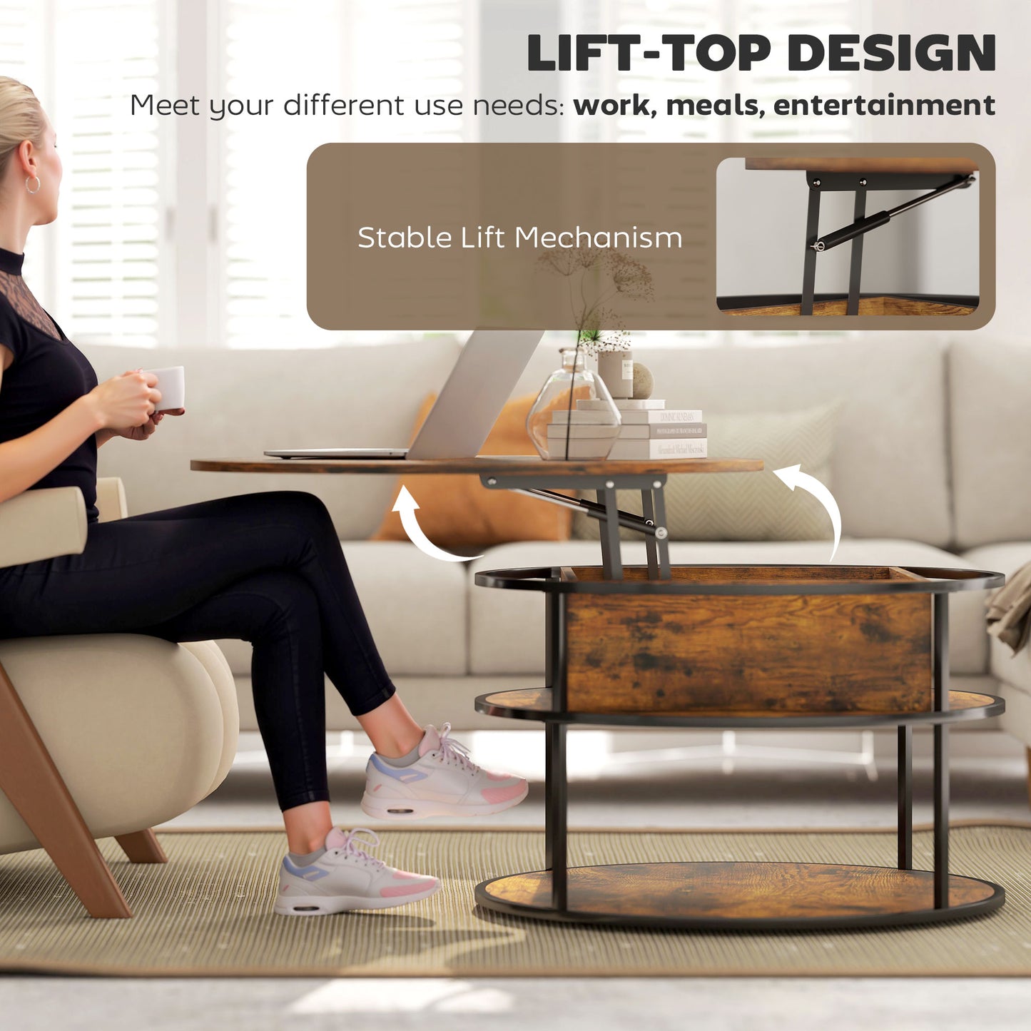 Lift Top Coffee Table, Round Coffee Table with Hidden Storage, Brown
