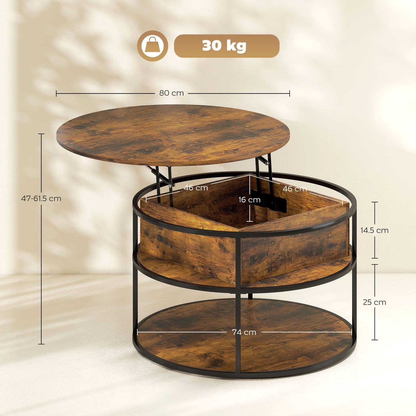 Lift Top Coffee Table, Round Coffee Table with Hidden Storage, Brown