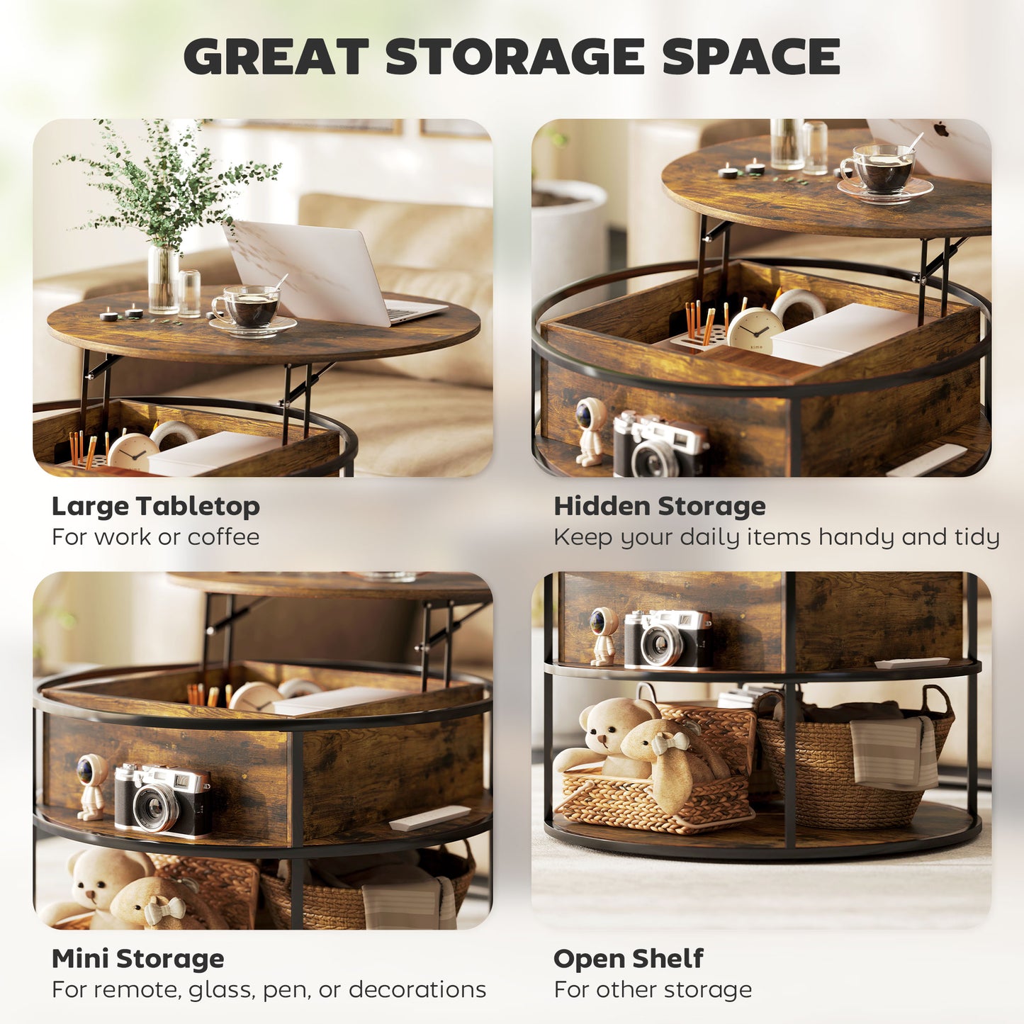 Lift Top Coffee Table, Round Coffee Table with Hidden Storage, Brown