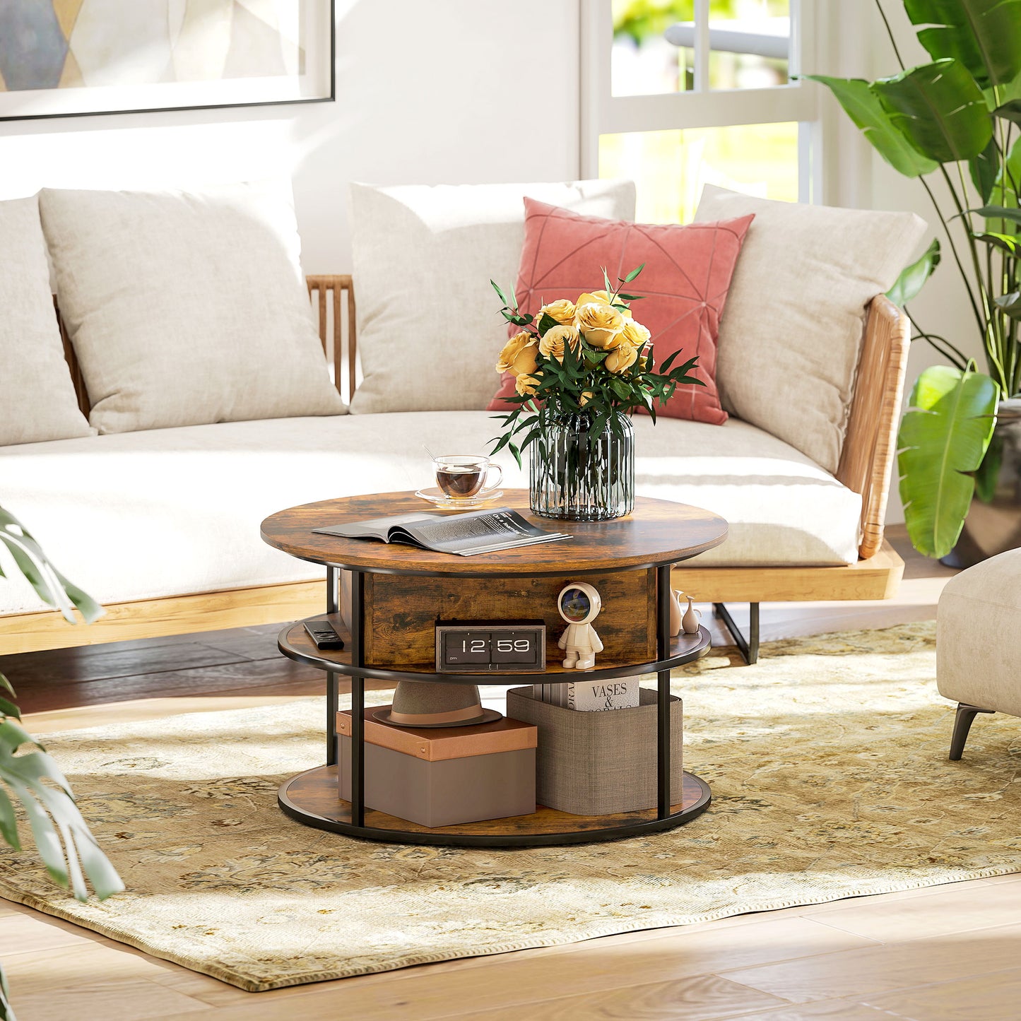 Lift Top Coffee Table, Round Coffee Table with Hidden Storage, Brown