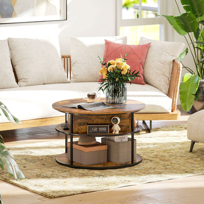 Lift Top Coffee Table, Round Coffee Table with Hidden Storage, Brown
