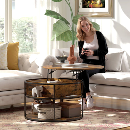 Lift Top Coffee Table, Round Coffee Table with Hidden Storage, Brown