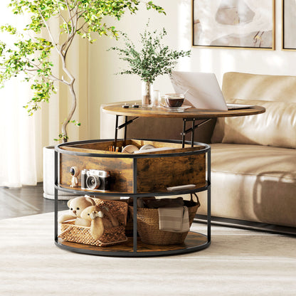 Lift Top Coffee Table, Round Coffee Table with Hidden Storage, Brown