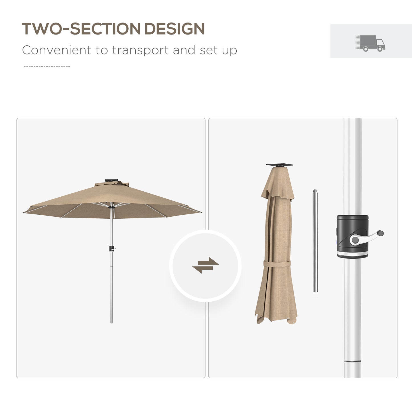 Solar Patio Garden Parasol with Lights for Outdoor, Khaki