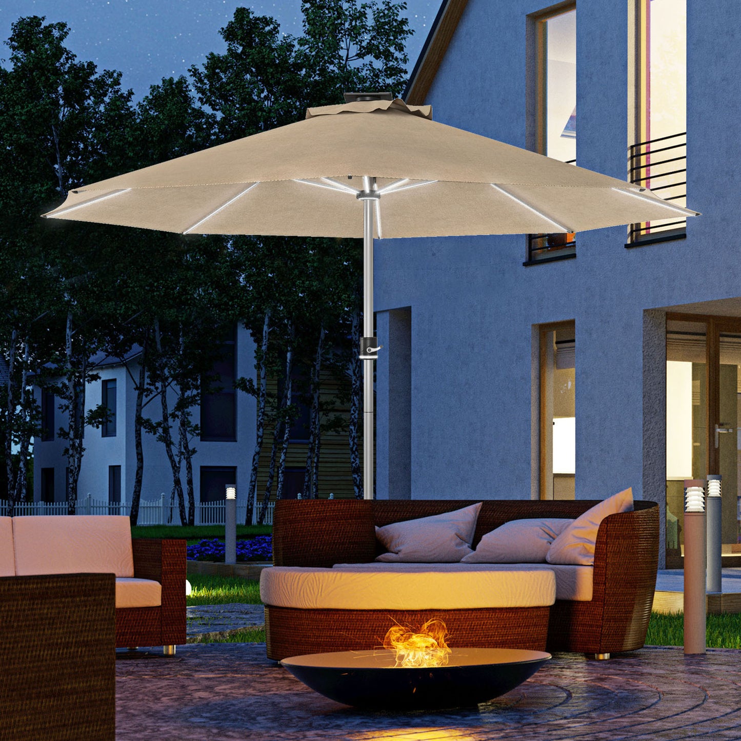 Solar Patio Garden Parasol with Lights for Outdoor, Khaki