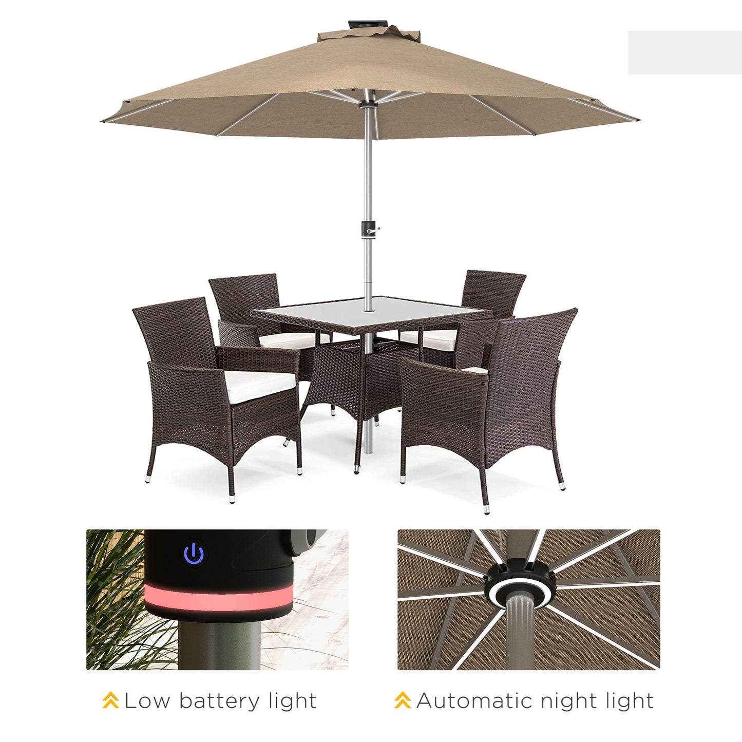 Solar Patio Garden Parasol with Lights for Outdoor, Khaki