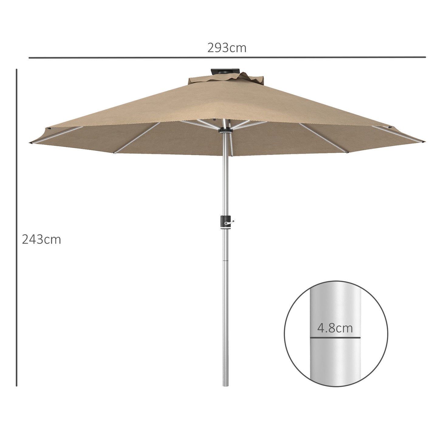 Solar Patio Garden Parasol with Lights for Outdoor, Khaki