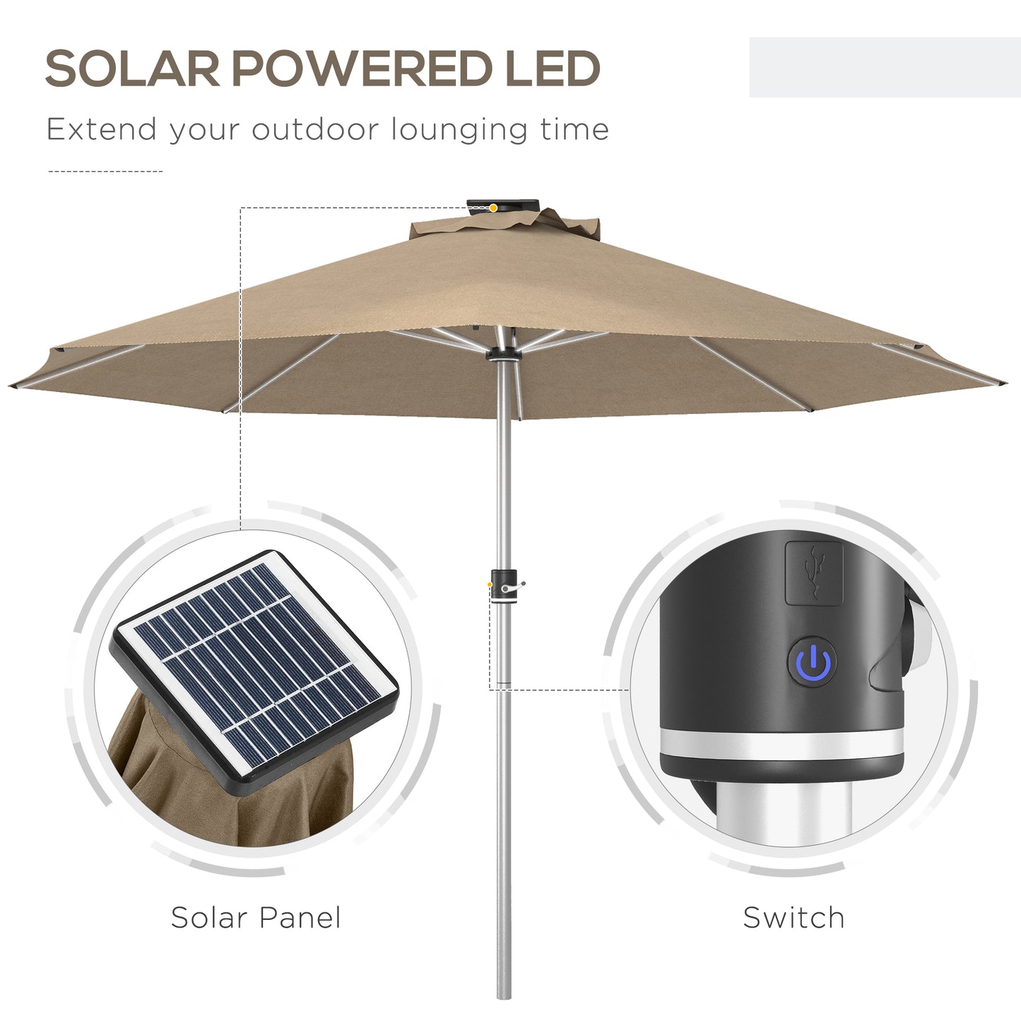 Solar Patio Garden Parasol with Lights for Outdoor, Khaki