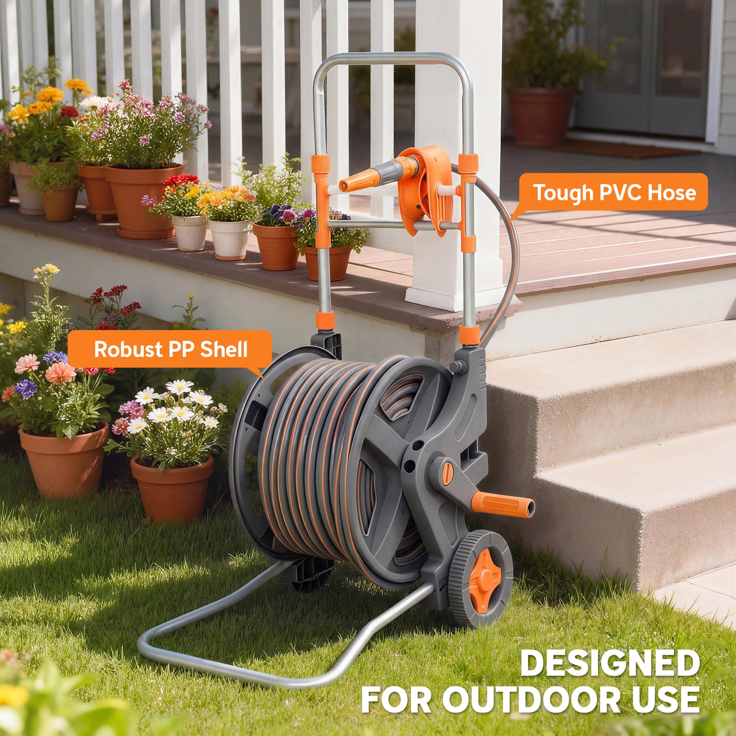 Hose Reel Cart with Wheels, 45+2m Garden Hose Reel, Orange