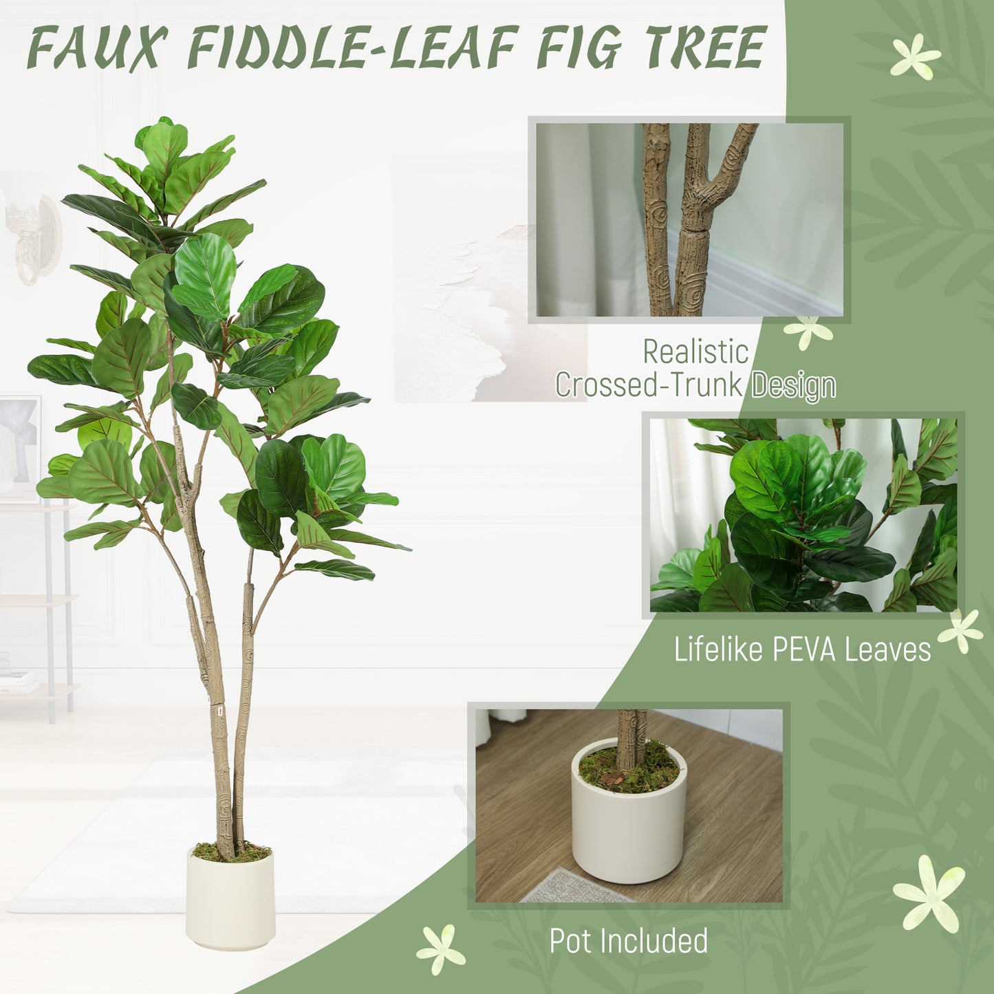 150cm Artificial Fiddle Leaf Fig Tree, Realistic Fake Plant, Green