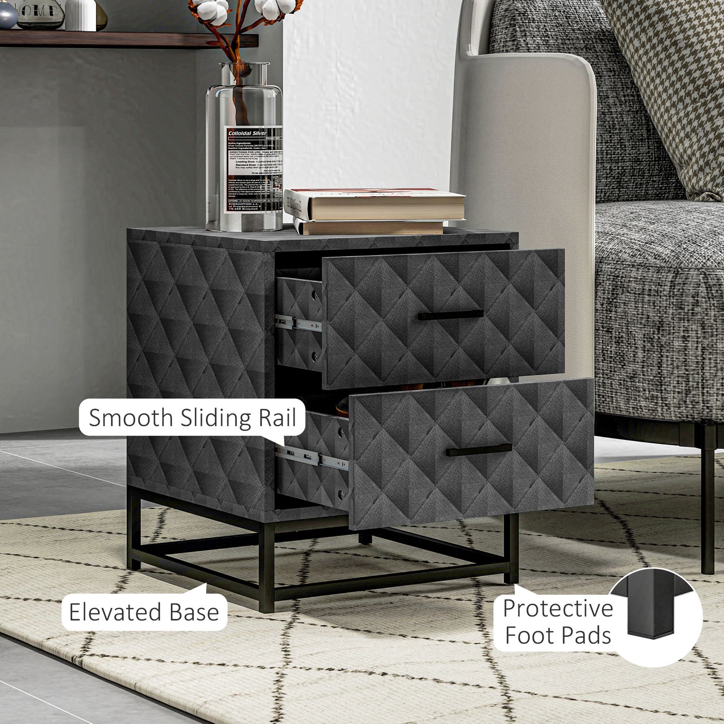 Bedside Table Set of 2, Nightstand with 2 Drawers, Steel Legs, Grey