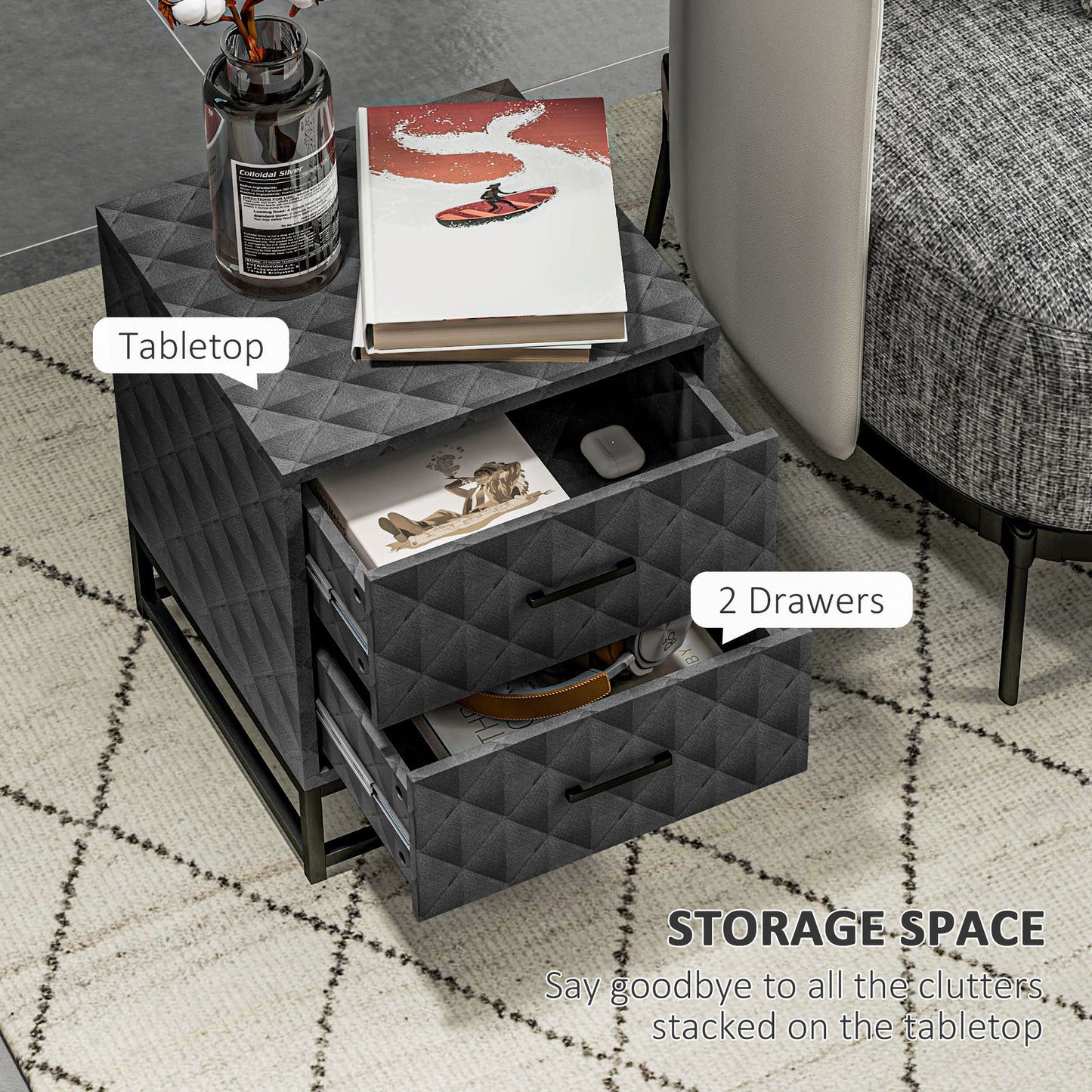 Bedside Table Set of 2, Nightstand with 2 Drawers, Steel Legs, Grey