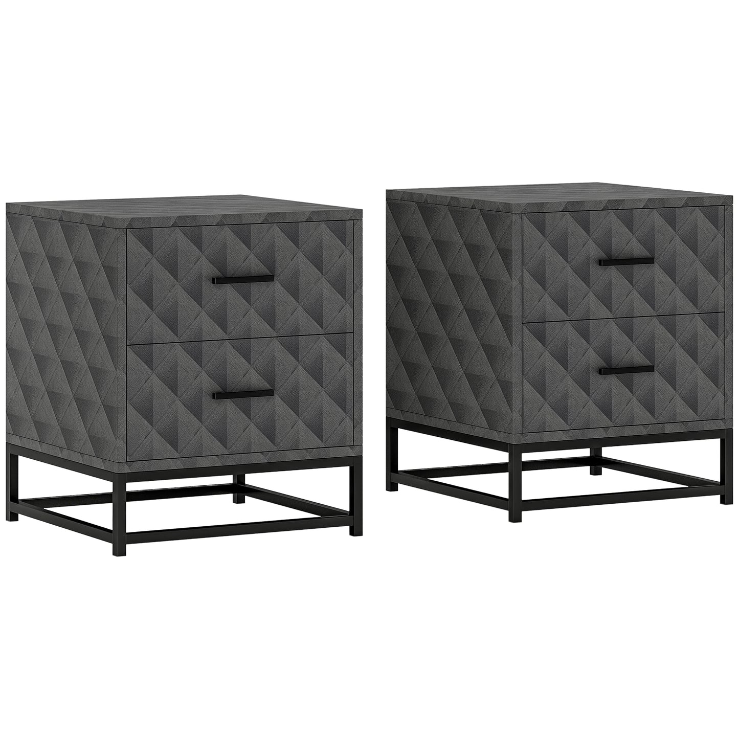 Bedside Table Set of 2, Nightstand with 2 Drawers, Steel Legs, Grey