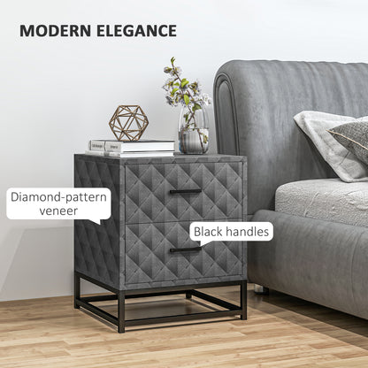 Bedside Table Set of 2, Nightstand with 2 Drawers, Steel Legs, Grey