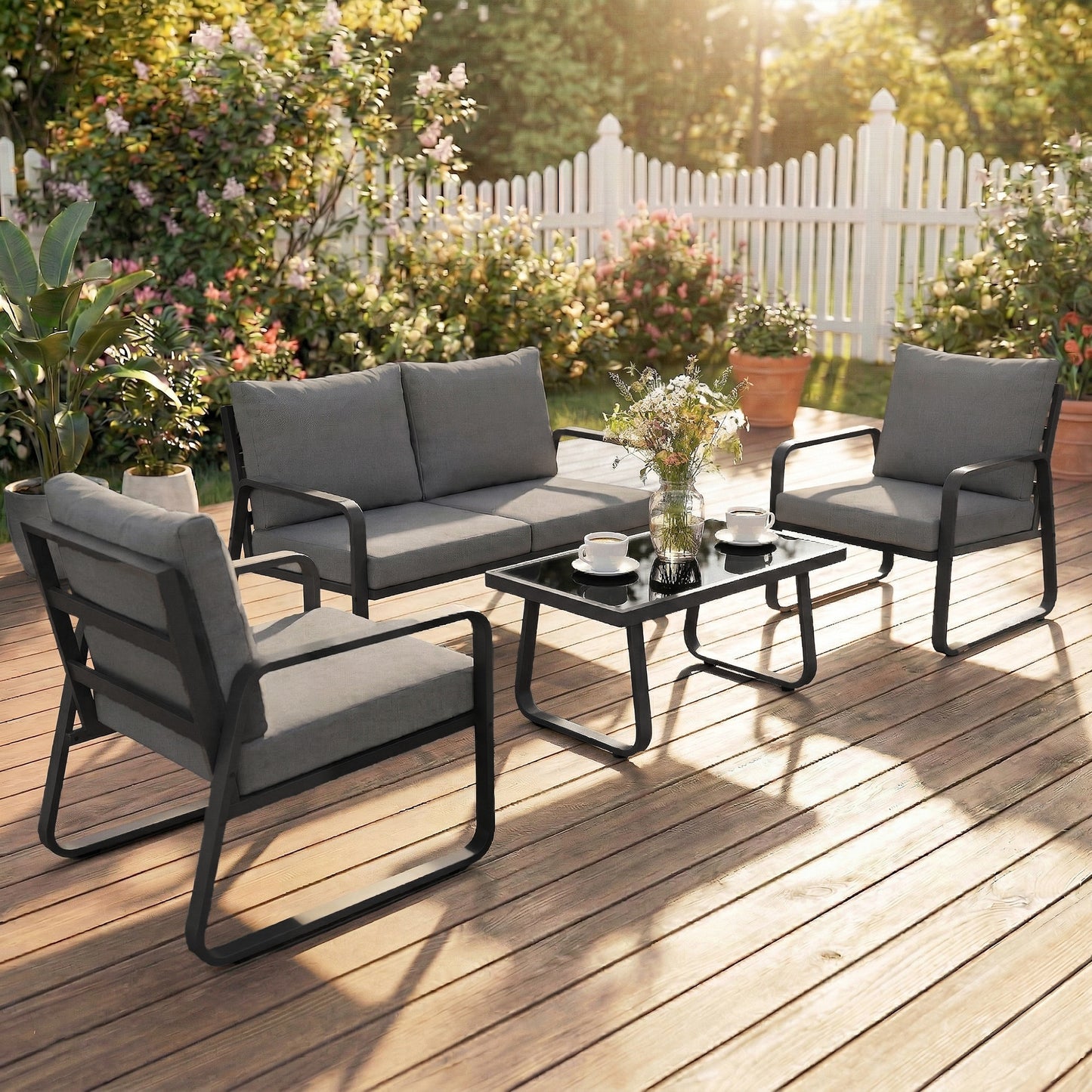 4 Piece Garden Furniture Set, Outdoor Sofa Set, Black