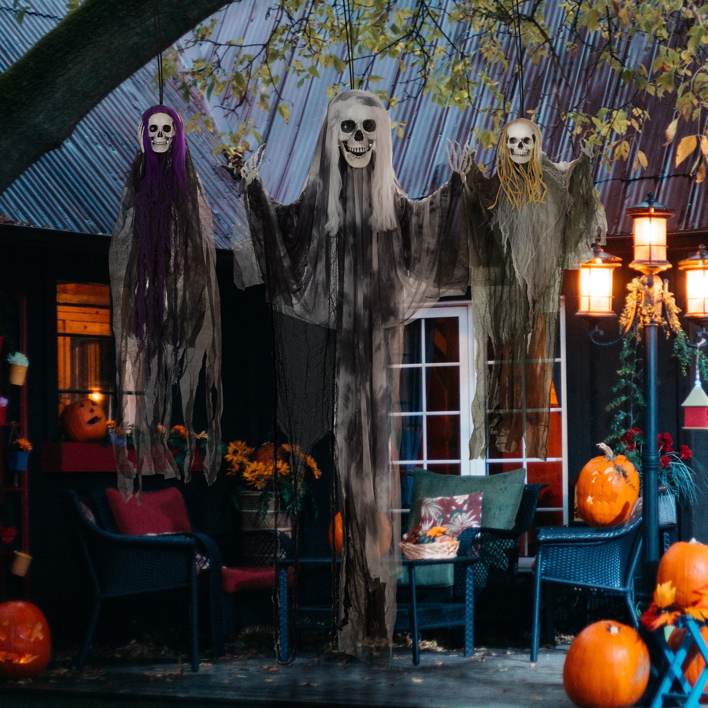 Set of 3 Hanging Skeleton, Flying Ghost Halloween Decorations