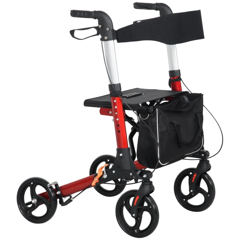 Folding Rollator Walker Frame with Seat and Backrest, Lightweight Frame with Storage bag & dual brakes - Red