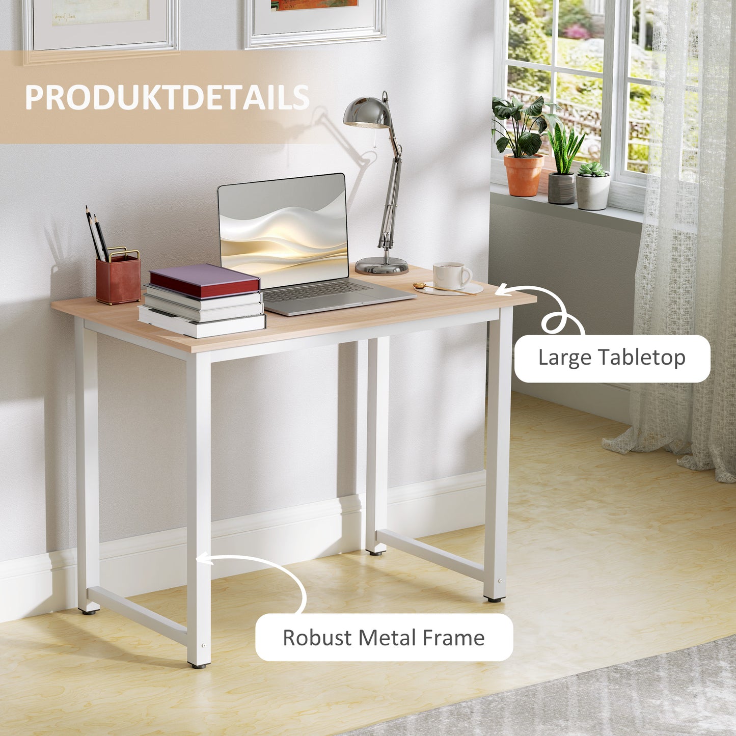 Computer Desk Dining Table Writing Table with Metal Frame, White