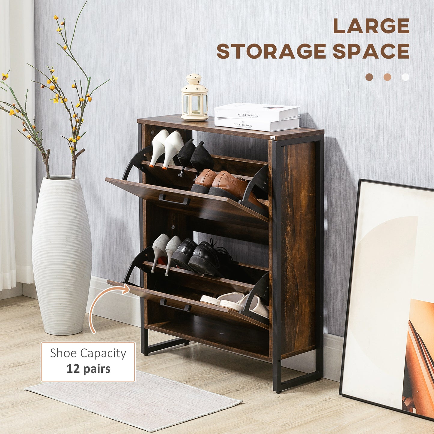 2 Flip Door Shoe Cabinet with Divider for Entryway Rustic Brown