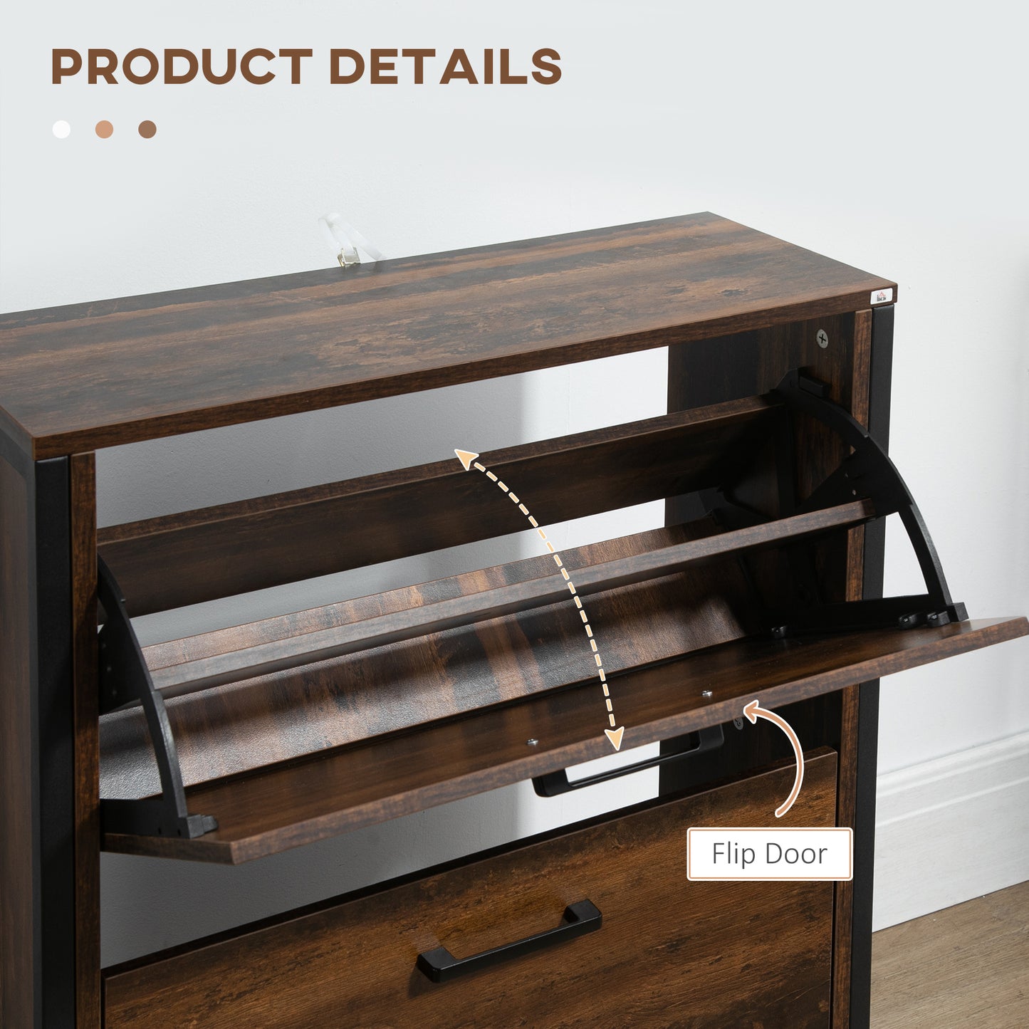 2 Flip Door Shoe Cabinet with Divider for Entryway Rustic Brown