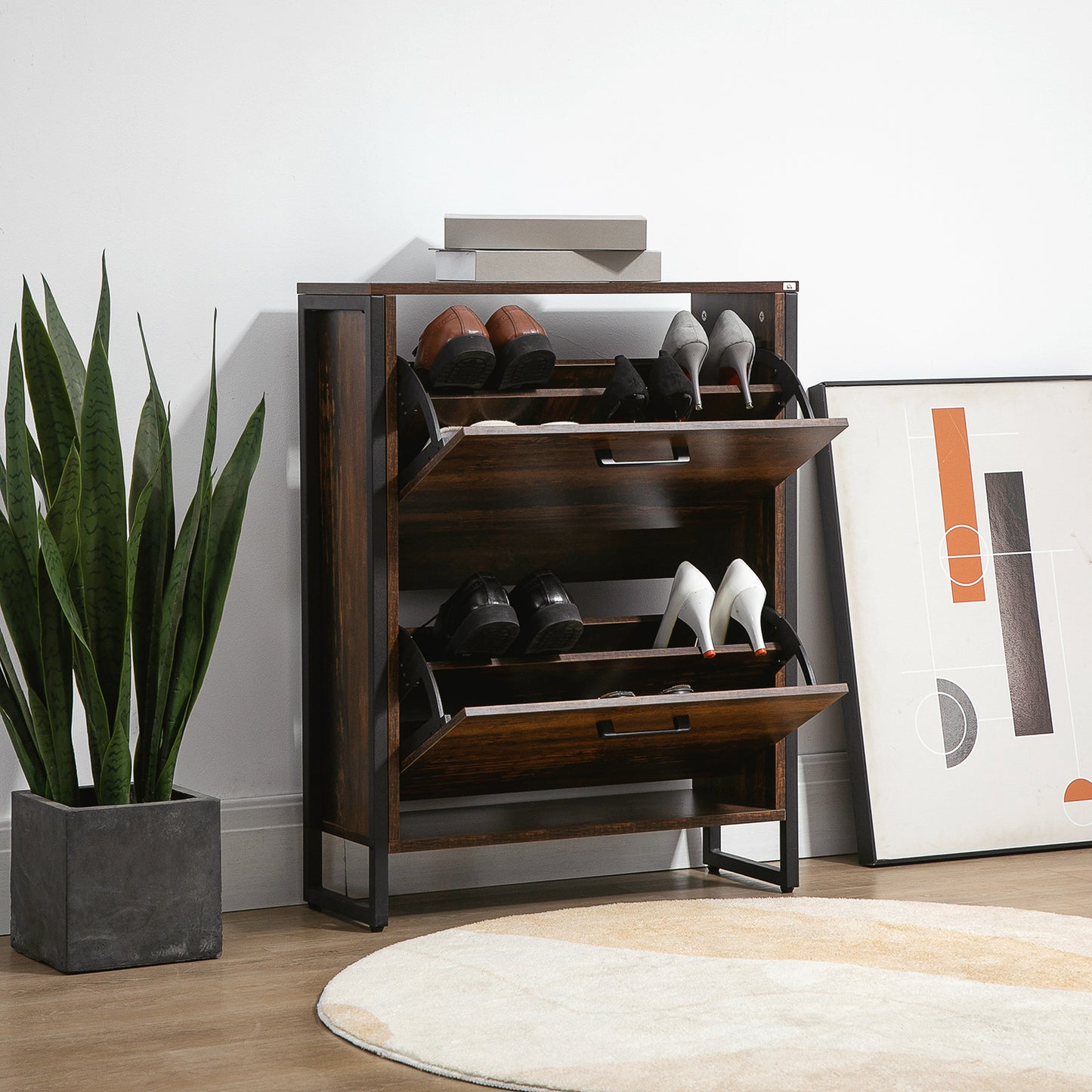 2 Flip Door Shoe Cabinet with Divider for Entryway Rustic Brown