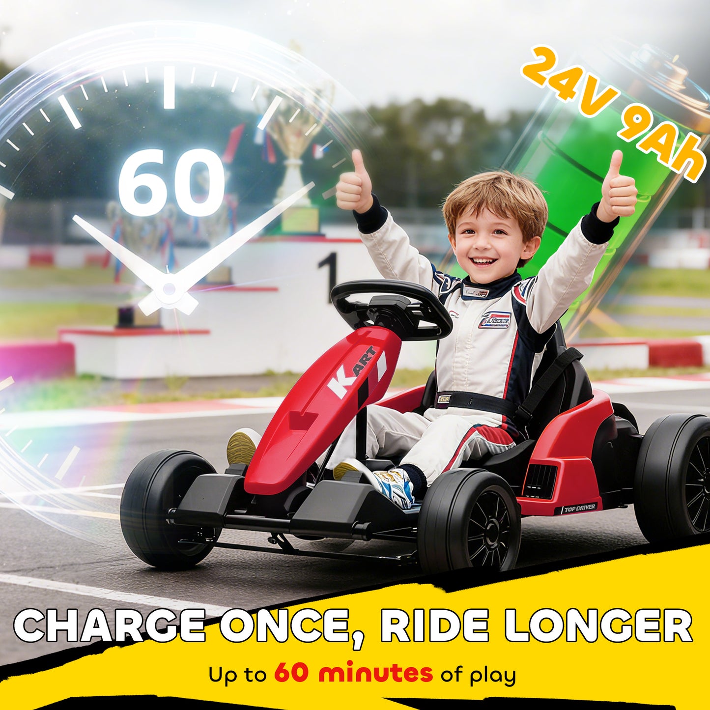 24V Electric Go Kart with Drift Mode, Adjustable Seat, Red