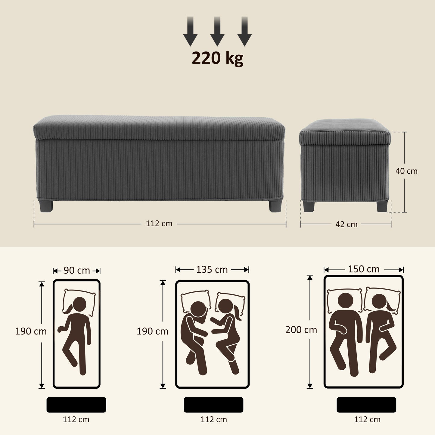 Storage Ottoman with Lid, 112cm Bench Chest Box, Grey