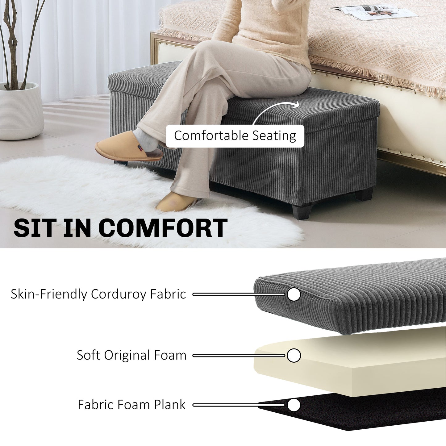 Storage Ottoman with Lid, 112cm Bench Chest Box, Grey