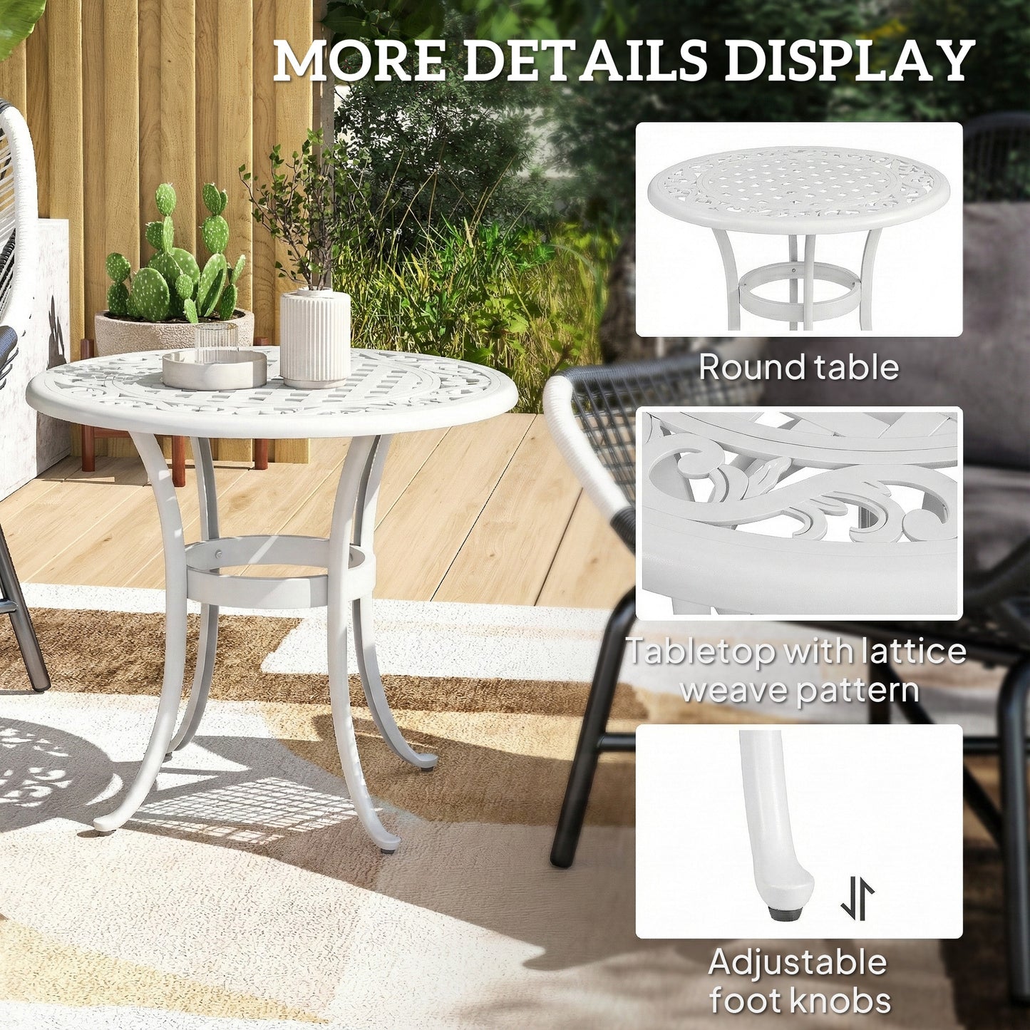 60cm Round Garden Table with Cast Aluminium Frame, White