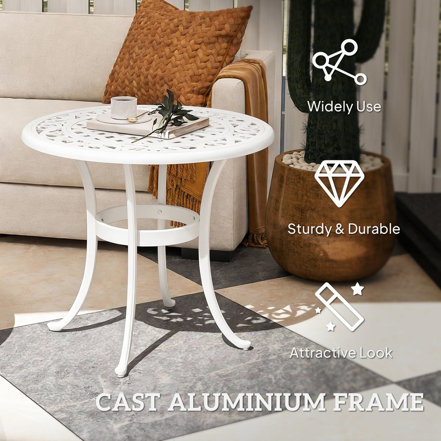 60cm Round Garden Table with Cast Aluminium Frame, White