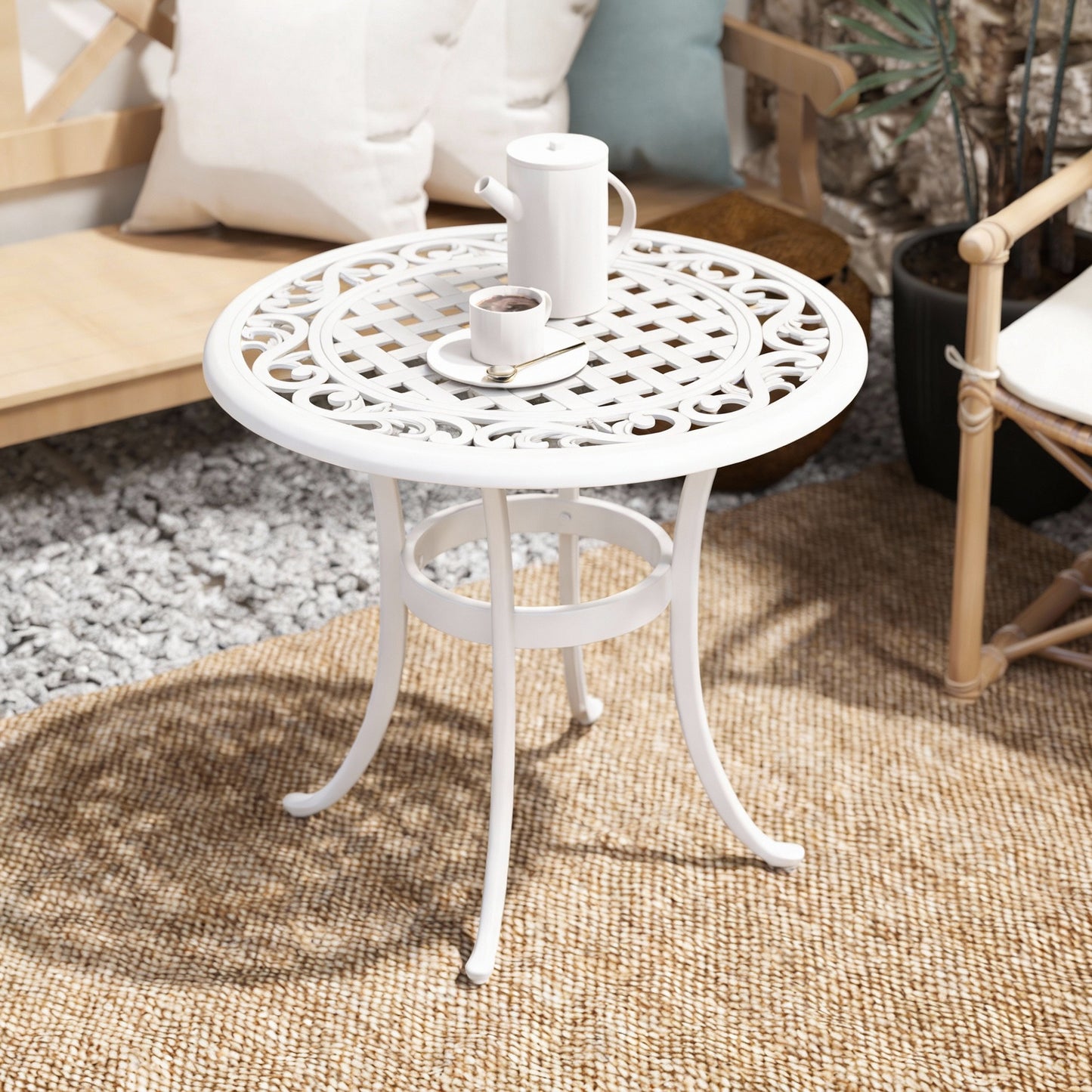 60cm Round Garden Table with Cast Aluminium Frame, White