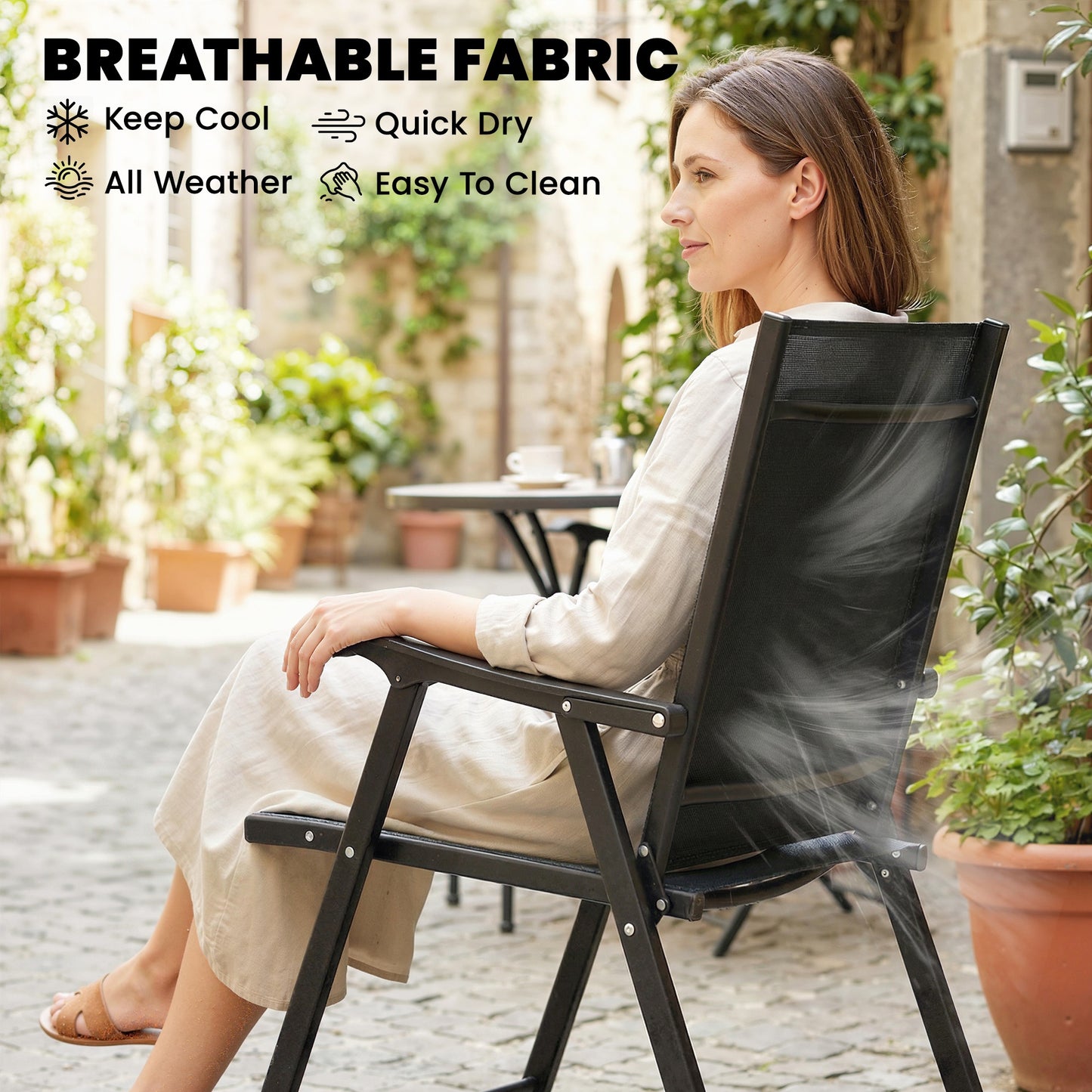 Folding Garden Chairs Set of 4 with High Back, Armrests, Black