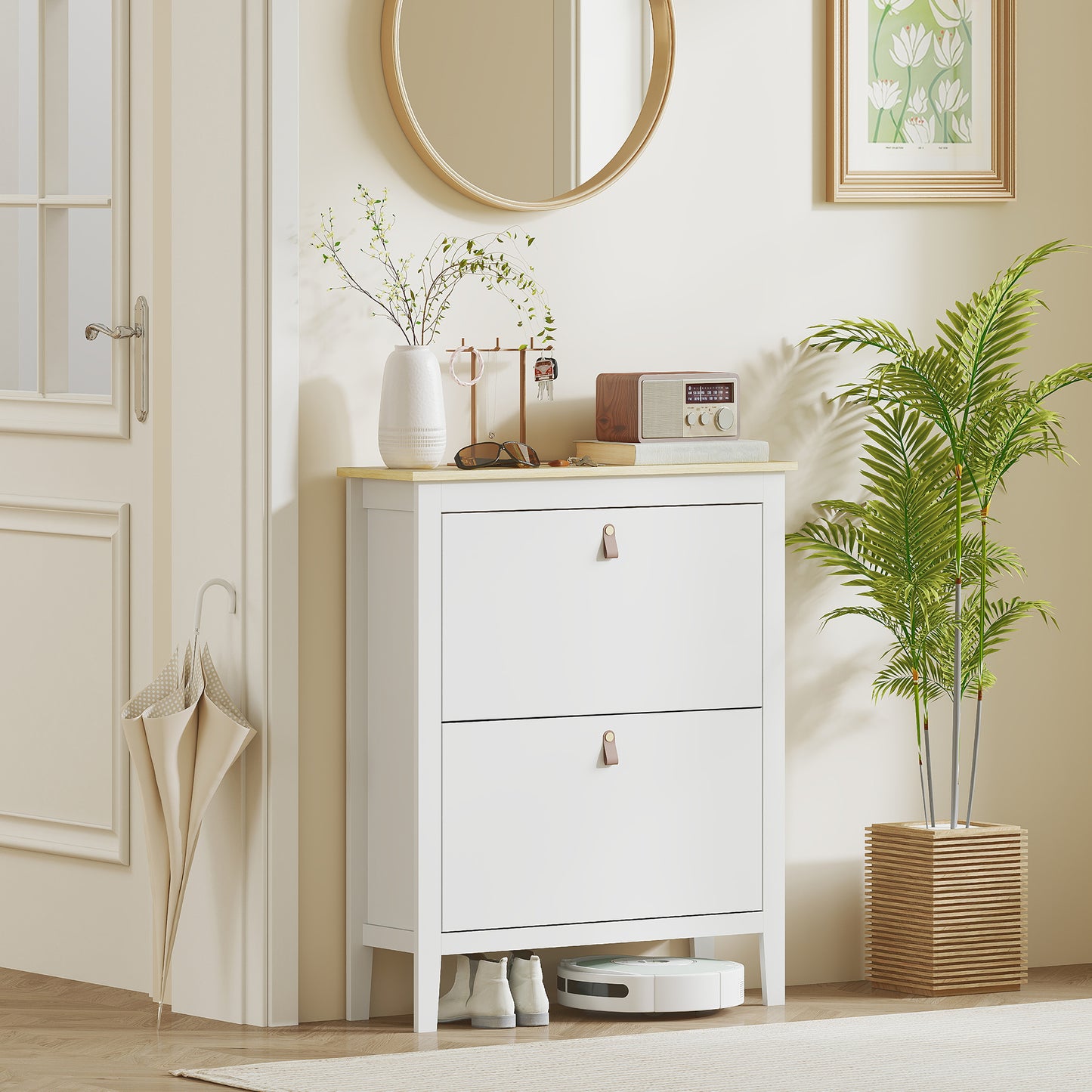 2 Drawer Shoe Cabinet with Flip Doors for Hallway, Entryway, White