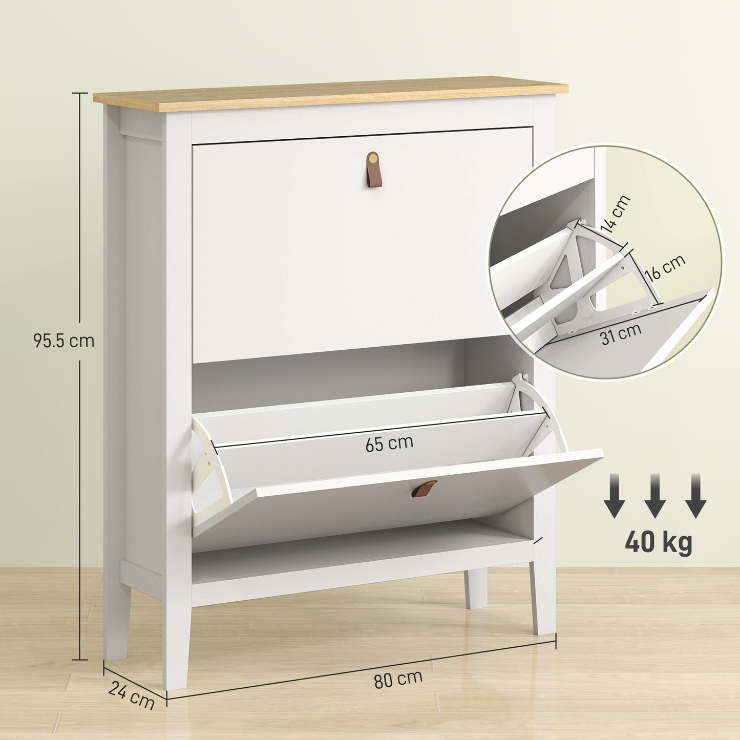 2 Drawer Shoe Cabinet with Flip Doors for Hallway, Entryway, White