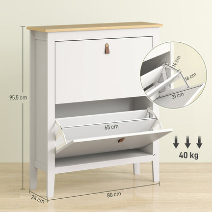 2 Drawer Shoe Cabinet with Flip Doors for Hallway, Entryway, White