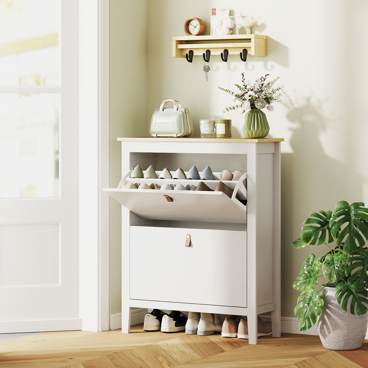 2 Drawer Shoe Cabinet with Flip Doors for Hallway, Entryway, White