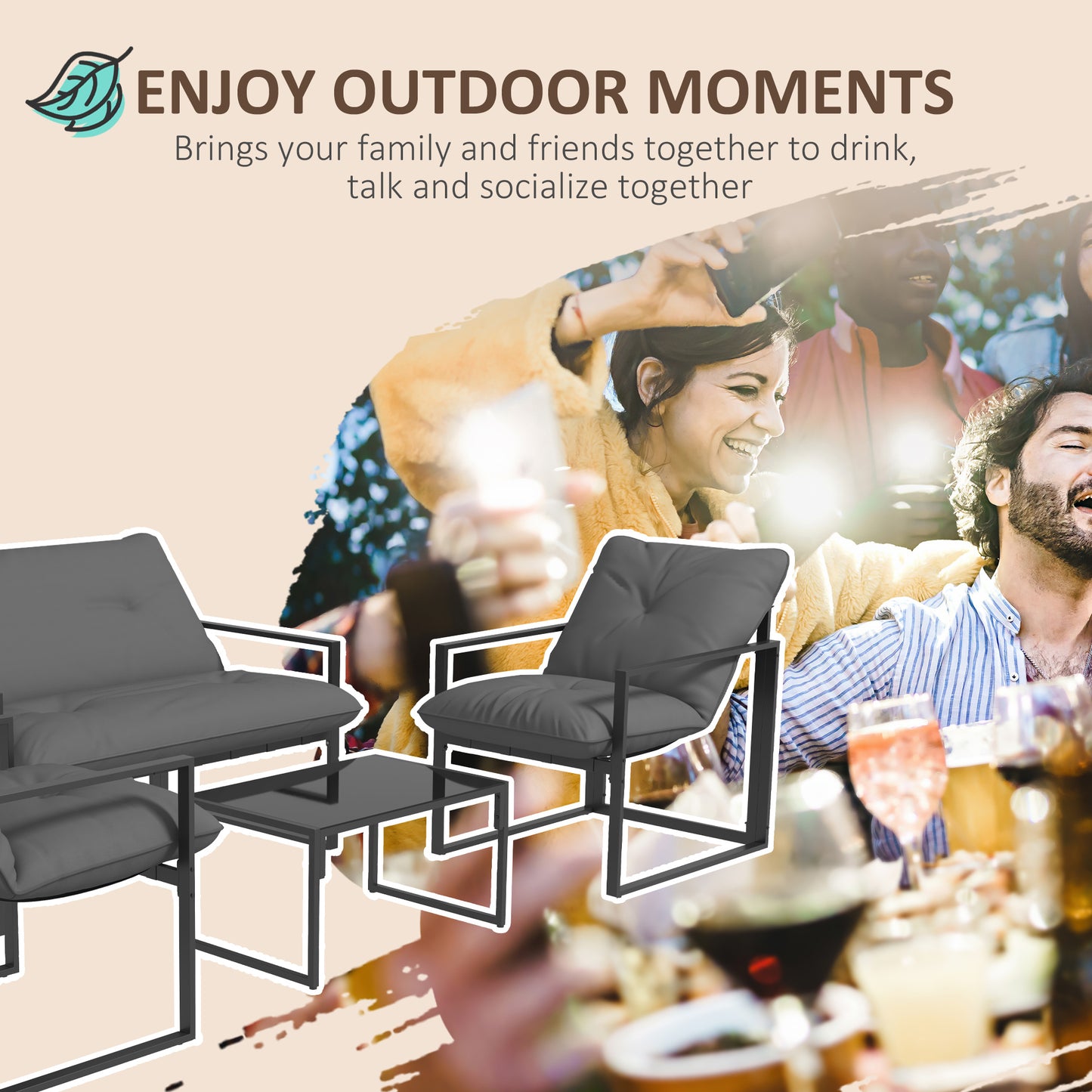 4 Piece Garden Sofa Set 2 Single Armchair, Loveseat and Coffee Table Set Steel Frame Patio Furniture with Thick Cushions, Grey