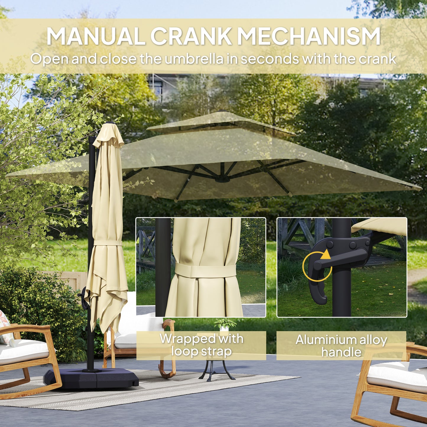 360° Cantilever Parasol Roma Umbrella w/ Base Weights, Khaki