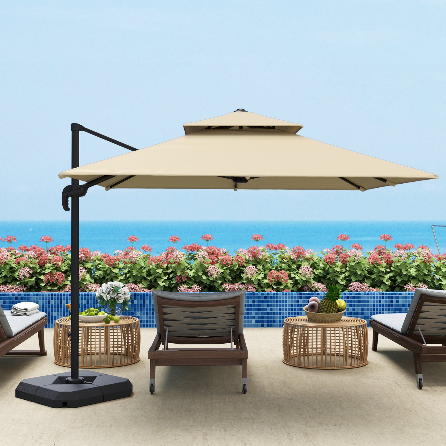 360° Cantilever Parasol Roma Umbrella w/ Base Weights, Khaki